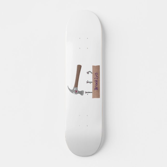 Cute, funny hammer and nails cartoon illustration skateboard (Front)