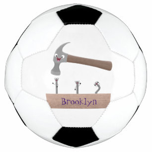 Cute, funny hammer and nails cartoon illustration soccer ball