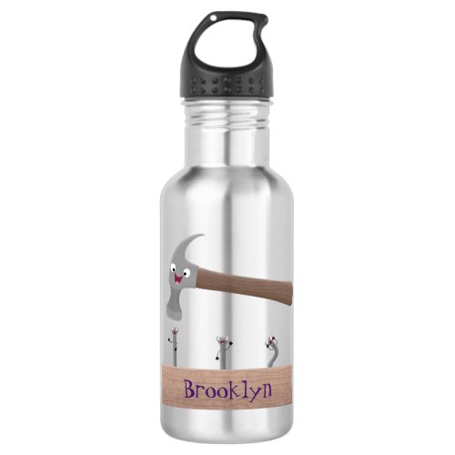 Cute funny hammer and nails cartoon illustration  stainless steel water bottle
