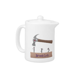 Cute, funny hammer and nails cartoon illustration  teapot