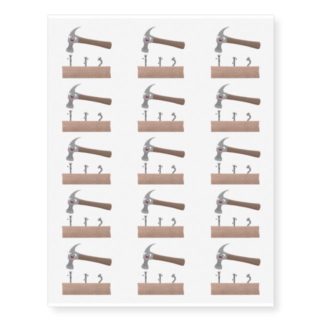Cute, funny hammer and nails cartoon illustration  temporary tattoos (Front)