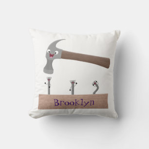 Cute, funny hammer and nails cartoon illustration  throw pillow