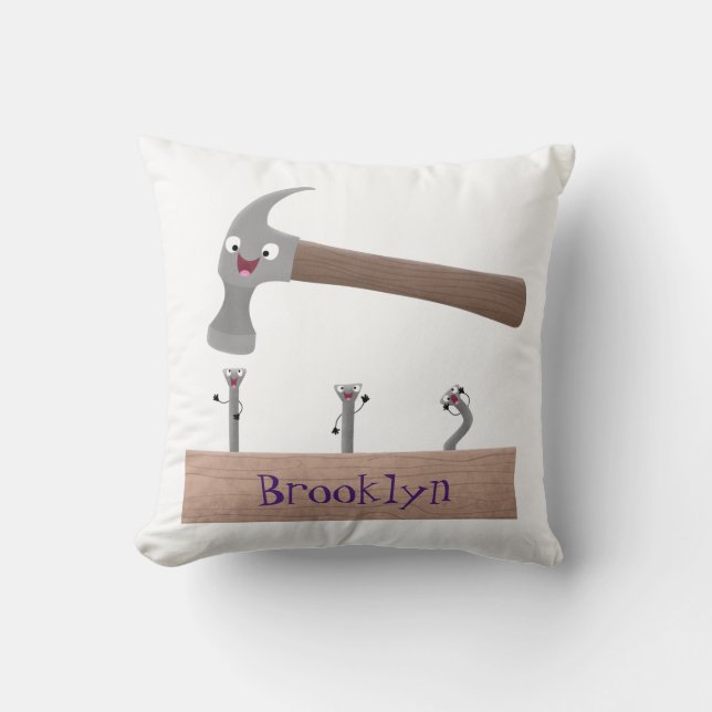 Cute, funny hammer and nails cartoon illustration  throw pillow (Front)