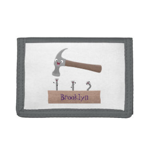 Cute, funny hammer and nails cartoon illustration tri-fold wallet