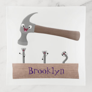 Cute, funny hammer and nails cartoon illustration trinket tray