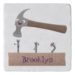 Cute, funny hammer and nails cartoon illustration trivet