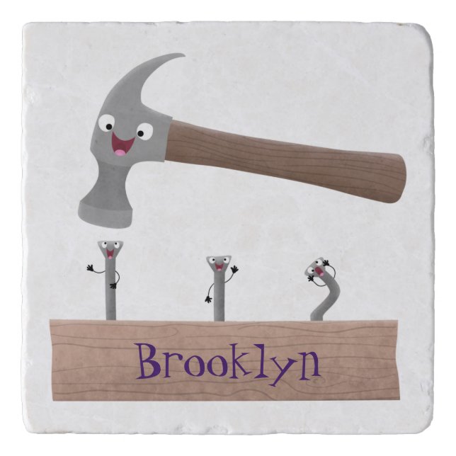 Cute, funny hammer and nails cartoon illustration trivet (Front)