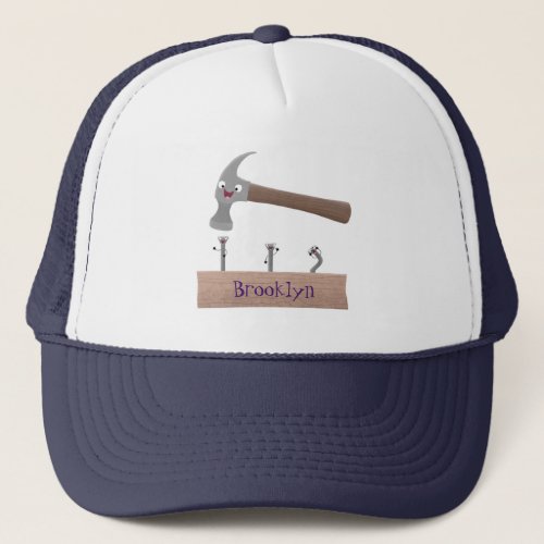 Cute funny hammer and nails cartoon illustration trucker hat