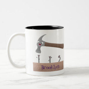Cute, funny hammer and nails cartoon illustration Two-Tone coffee mug