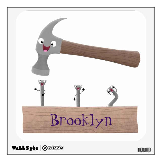 Cute, funny hammer and nails cartoon illustration wall decal (Front)