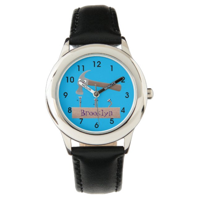 Cute, funny hammer and nails cartoon illustration watch (Front)
