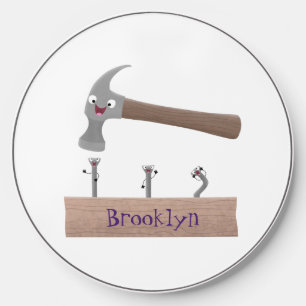 Cute, funny hammer and nails cartoon illustration wireless charger