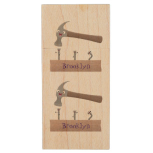 Cute, funny hammer and nails cartoon illustration wood flash drive