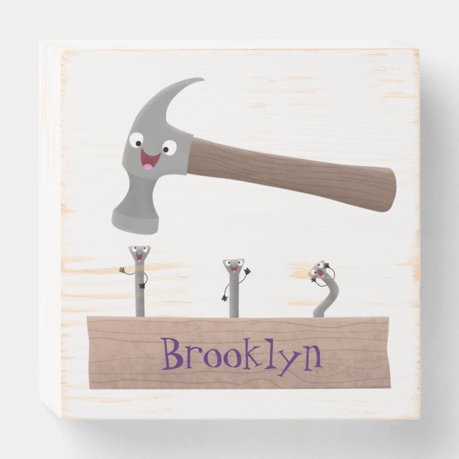 Cute, funny hammer and nails cartoon illustration wooden box sign (Front Horizontal)
