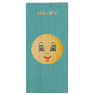 Cute funny happy face on turquoise wood flash drive