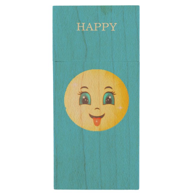 Cute funny happy face on turquoise wood flash drive (Front Vertical)