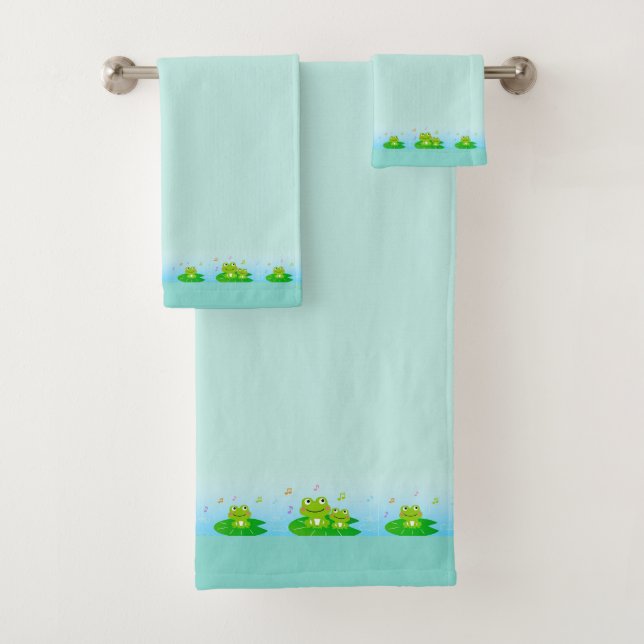 Cute Funny Happy Frogs on Light Blue Bath Towel Se (Insitu)