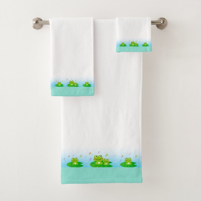 Cute Funny Happy Frogs on White & Turquoise Bath Towel Set (Insitu)
