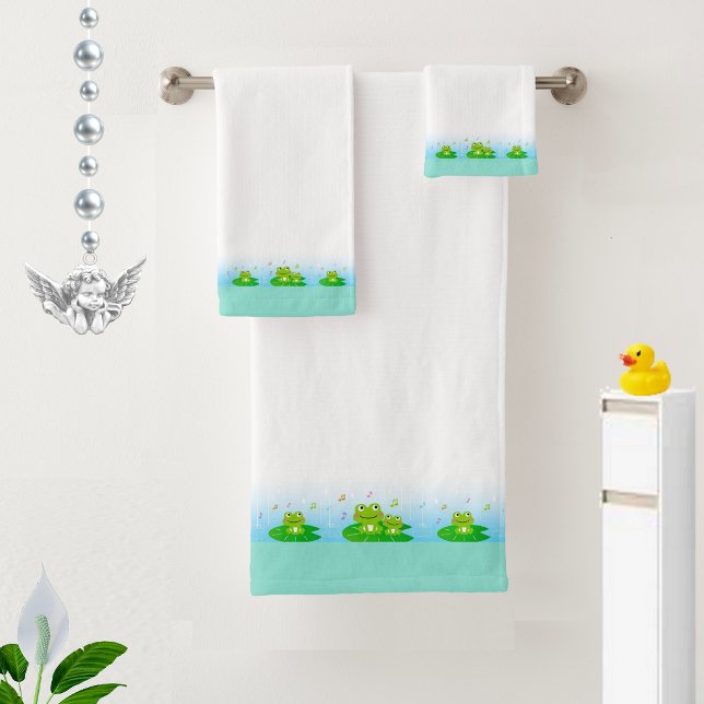 Cute Funny Happy Frogs on White & Turquoise Bath Towel Set (Creator Uploaded)