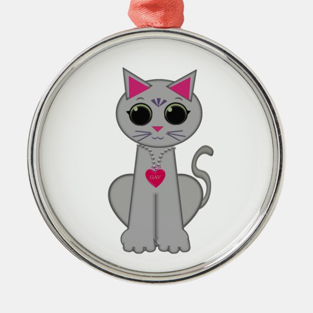 Cute Funny Happy Gray Cat Metal Ornament (Front)