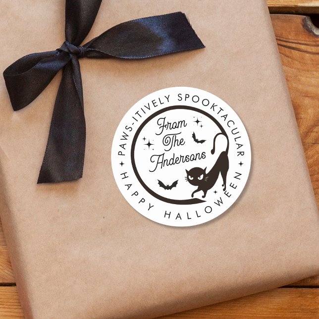 Cute Funny Happy Halloween Black Cat Bats Classic Round Sticker (Creator Uploaded)