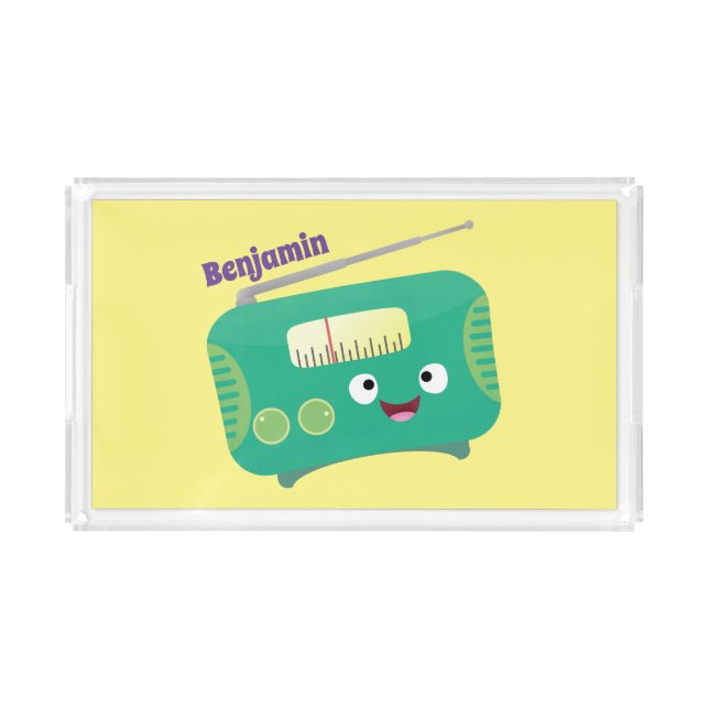 Cute funny happy retro radio cartoon acrylic tray (Front)