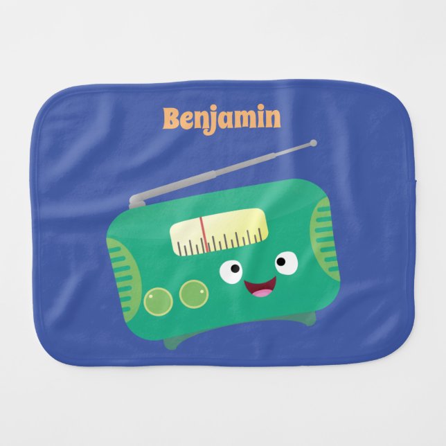Cute funny happy retro radio cartoon baby burp cloth (Front Horizontal)