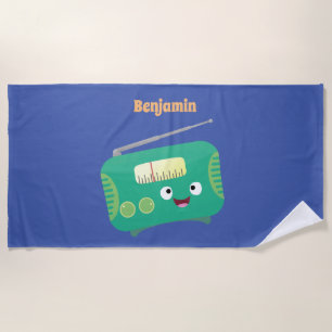 Cute funny happy retro radio cartoon beach towel