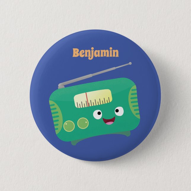 Cute funny happy retro radio cartoon button (Front)