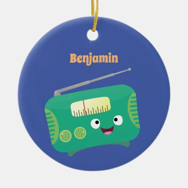 Cute funny happy retro radio cartoon  ceramic ornament (Front)