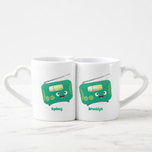 Cute funny happy retro radio cartoon coffee mug set