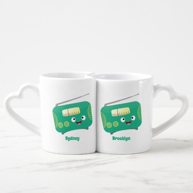 Cute funny happy retro radio cartoon coffee mug set (Back Nesting)