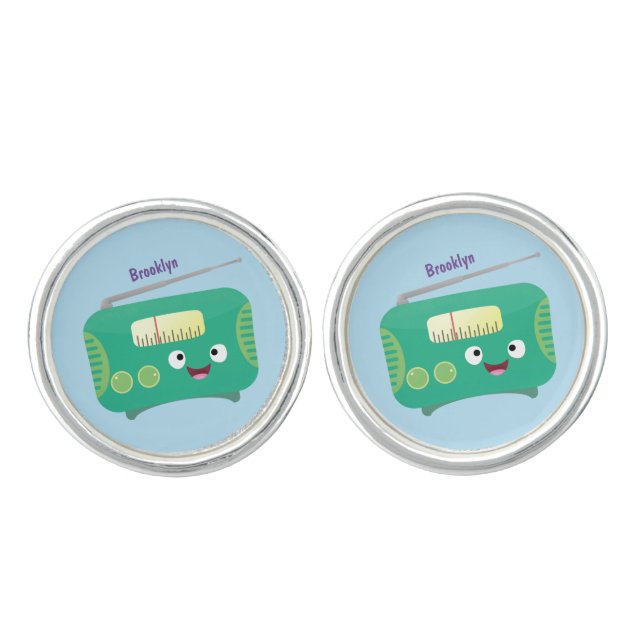 Cute funny happy retro radio cartoon cufflinks (Front)