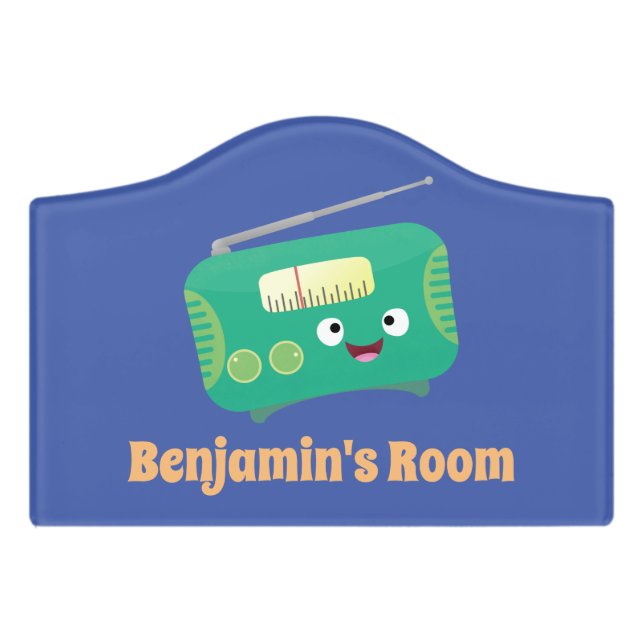 Cute funny happy retro radio cartoon door sign (Small Crest Front)