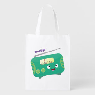 Cute funny happy retro radio cartoon grocery bag