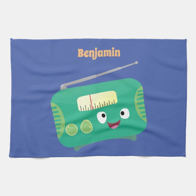 Cute funny happy retro radio cartoon kitchen towel (Horizontal)