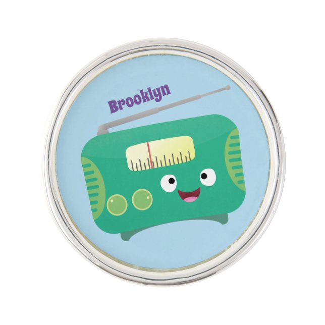Cute funny happy retro radio cartoon lapel pin (Front)