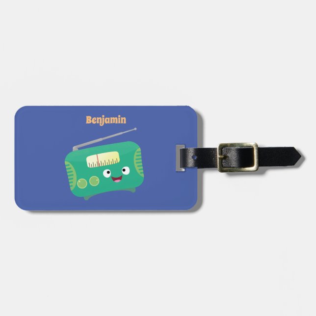 Cute funny happy retro radio cartoon luggage tag (Front Horizontal)
