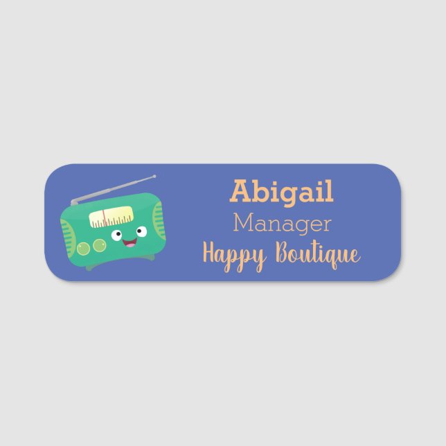 Cute funny happy retro radio cartoon name tag (Front)