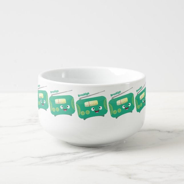 Cute funny happy retro radio cartoon soup mug (Front)