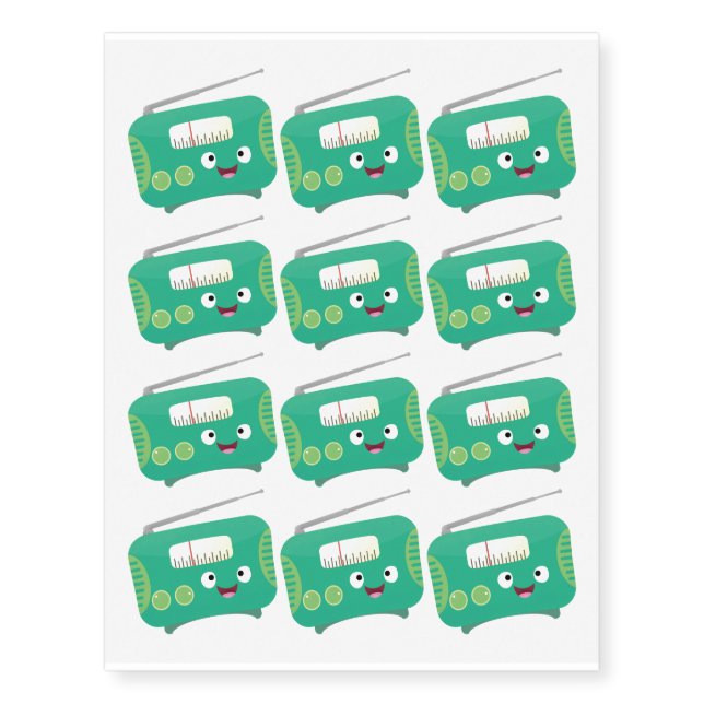 Cute funny happy retro radio cartoon temporary tattoos (Front)