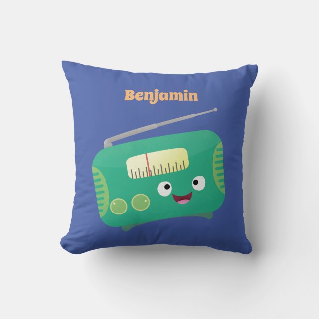 Cute funny happy retro radio cartoon throw pillow (Front)