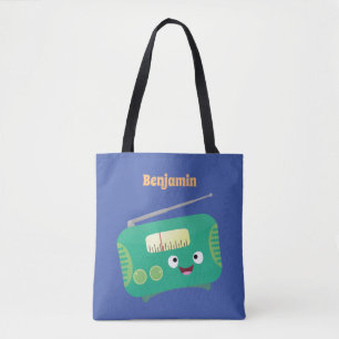 Cute funny happy retro radio cartoon tote bag