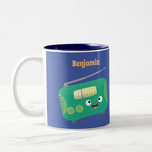 Cute funny happy retro radio cartoon Two-Tone coffee mug (Left)