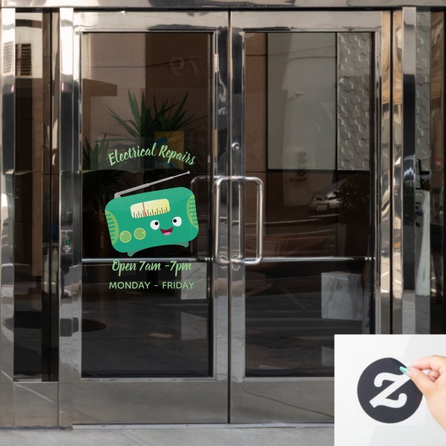 Cute funny happy retro radio cartoon window cling (Office Door)