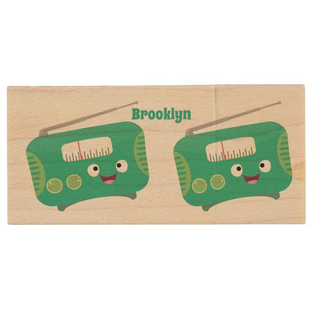 Cute funny happy retro radio cartoon wood flash drive (Front)