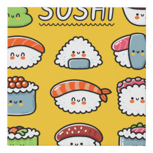 Cute funny happy sushi maki rolls cartoon seamless faux canvas print