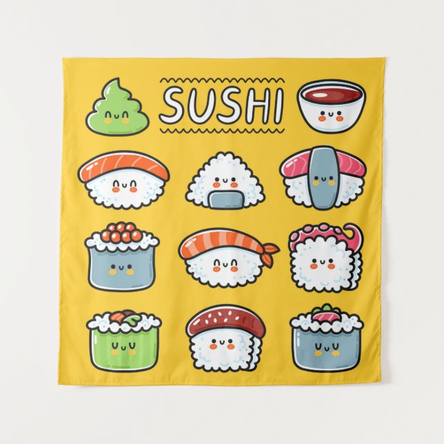 Cute funny happy sushi maki rolls cartoon seamless tapestry (Front)