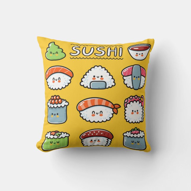 Cute funny happy sushi maki rolls cartoon seamless throw pillow (Front)