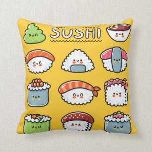 Cute funny happy sushi maki rolls cartoon seamless throw pillow
